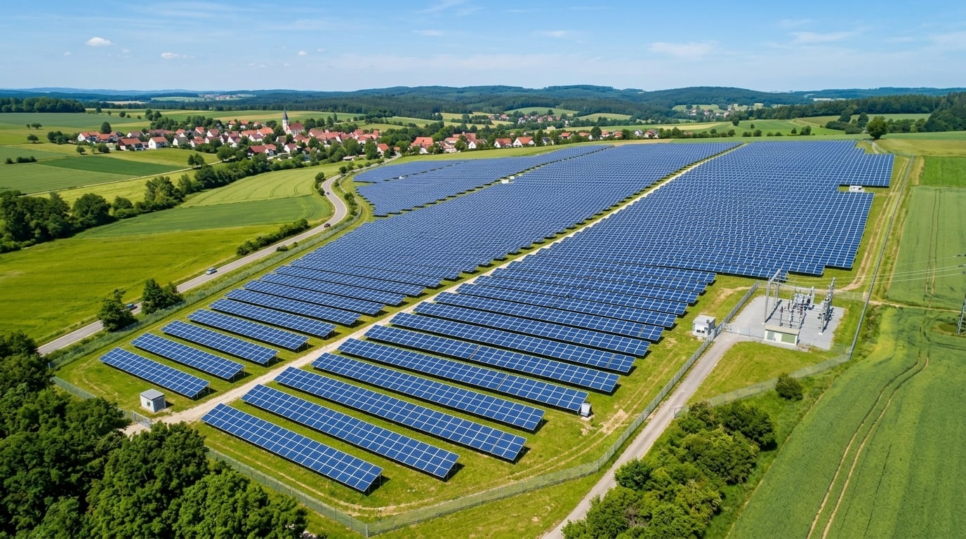 Photovoltaik-Anlage auf einem Freiflächengelände unter blauem Himmel